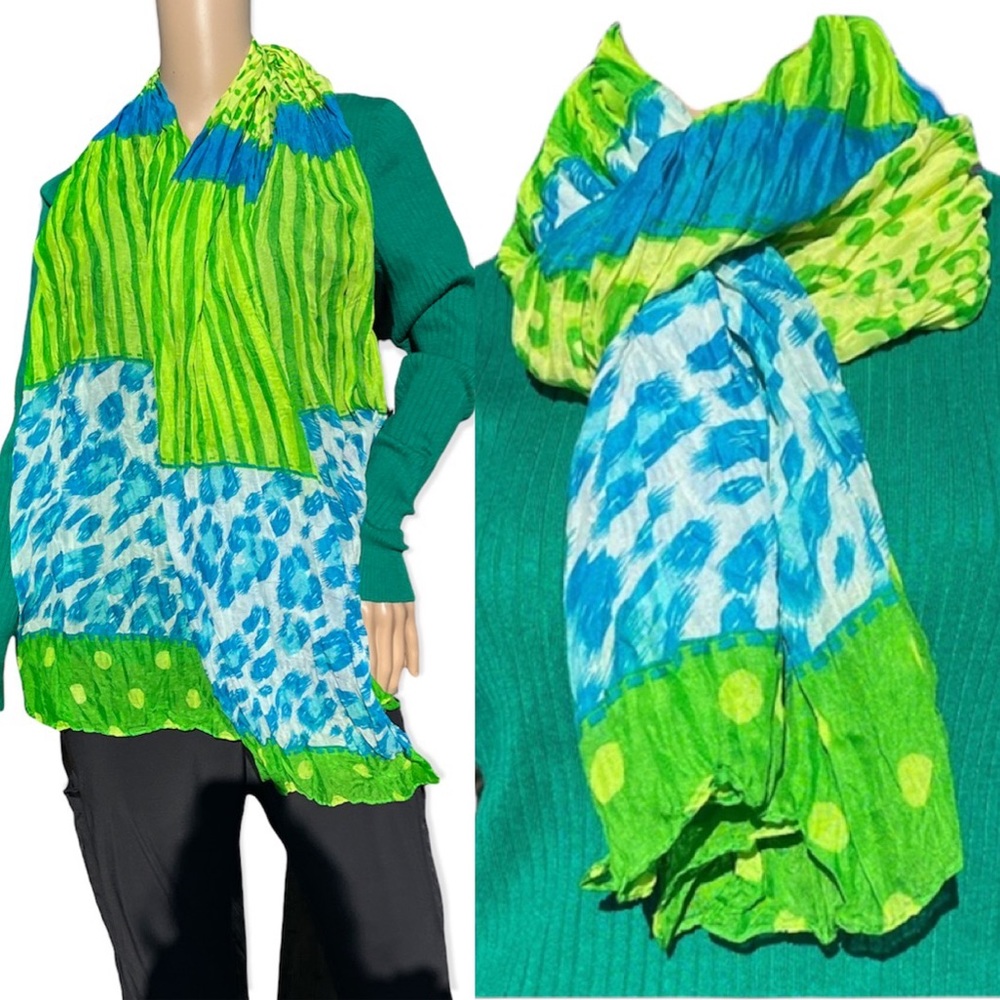 Bright Green Leopard Polka Dot Stripe Colorful Crinkle Scarf! NEW!
